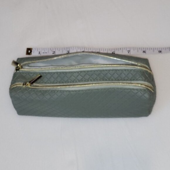 Storage Pouch Dual Compartment Geometric Textured Green Gold Zippers - Picture 5 of 5